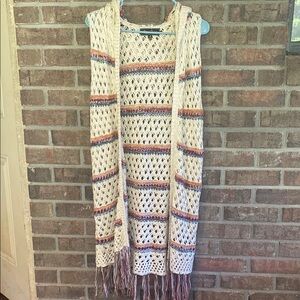 Multicolor Knit Women's Hooded Cardigan long Vest with Fringe